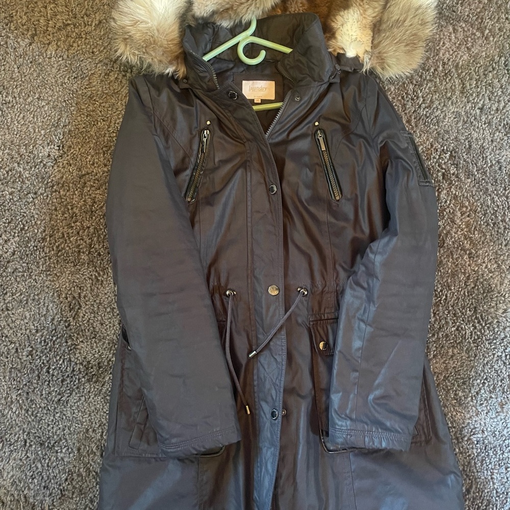 Laundry By Shelli Segal Black Utility Jacket with Fur Trim